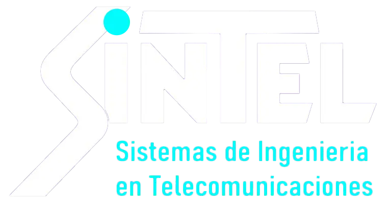 Logo Sintel Sistemas de Ingeniería en Telecomunicaciones en blanco con detalle en la I y descriptor en color turquesa